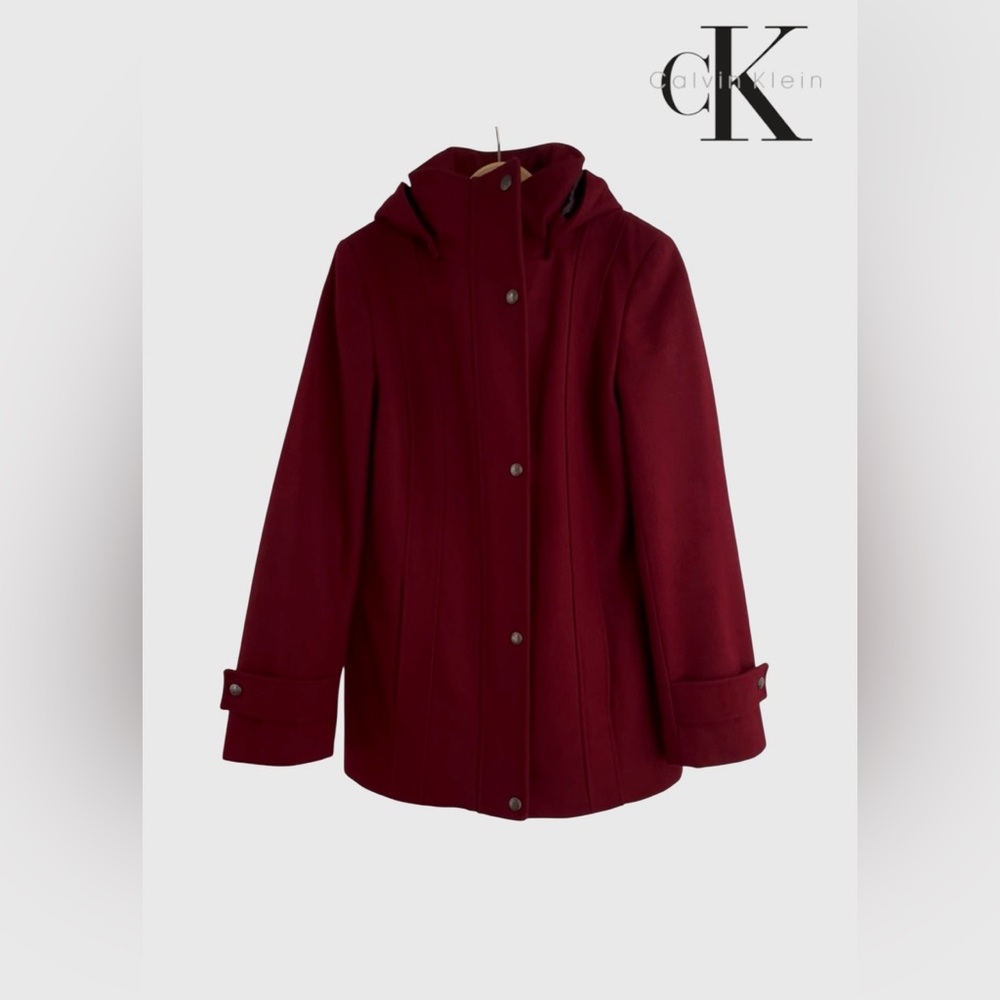 Calvin Klein Women's Wool Blend Burgundy Hooded Coat - Picture 2 of 10